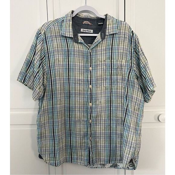 Tommy Bahama Hideaway Palms Zephyr Blue Plaid Short Sleeve Button Shirt Size XL - Picture 1 of 9